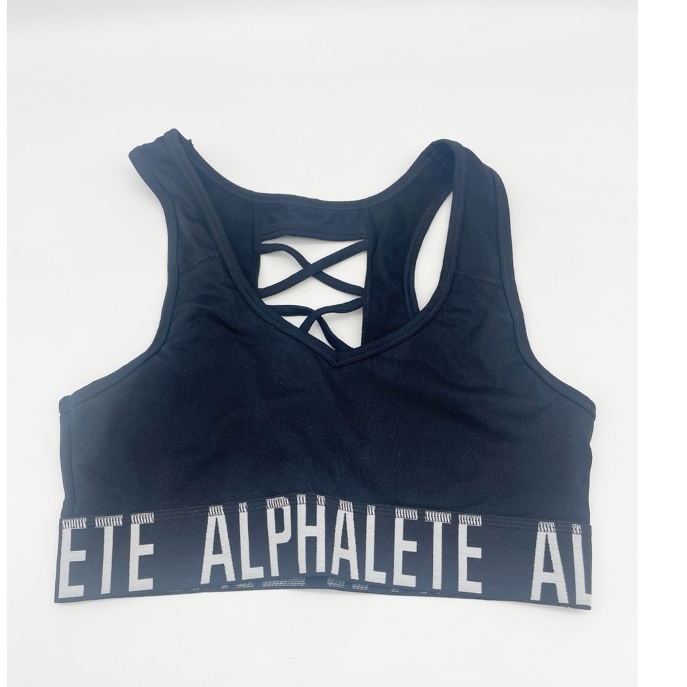 Alphalete Sports Bra Medium Black  Criss Cross Spell Out Wireless.